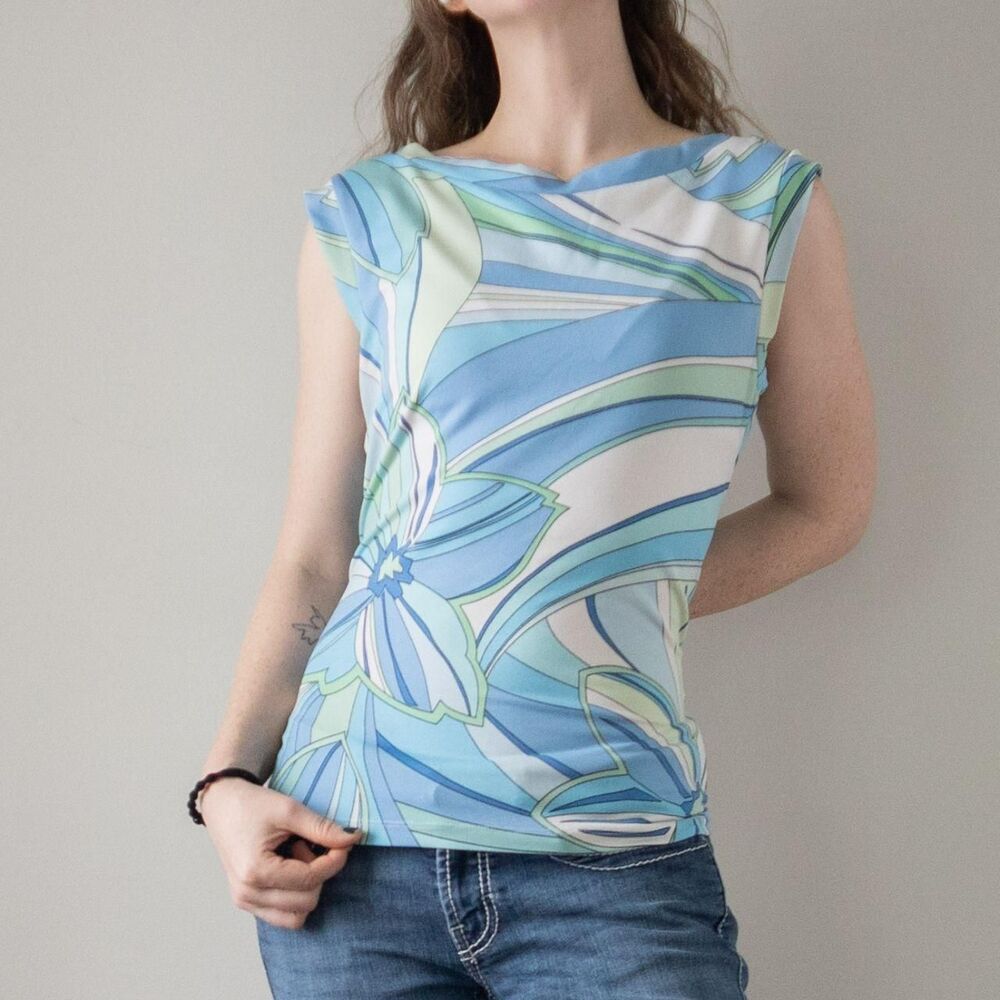 New York & company Women's Blue White Y2K 70s Inspired Floral Funky Shirt